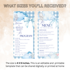Blue Baby Shower Menu and Program Template, Baby Boy Shower Itinerary Card, Cloud 9 Bear Safari Party theme Editable Canva Digital Printable