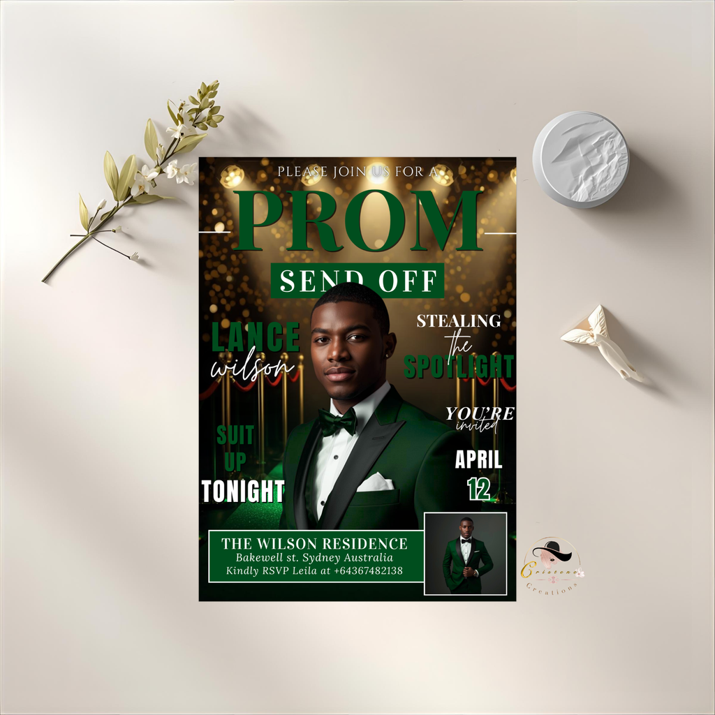 Green Prom Send Off Invitation, Prom King Party with photo invite, Boys Senior Prom Night Flyer, Magazine Style Digital Printable Template