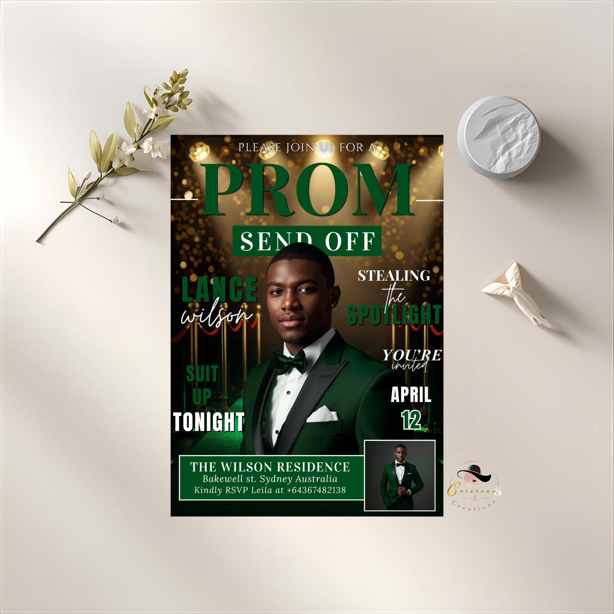 Green Prom Send Off Invitation, Prom King Party with photo invite, Boys Senior Prom Night Flyer, Magazine Style Digital Printable Template
