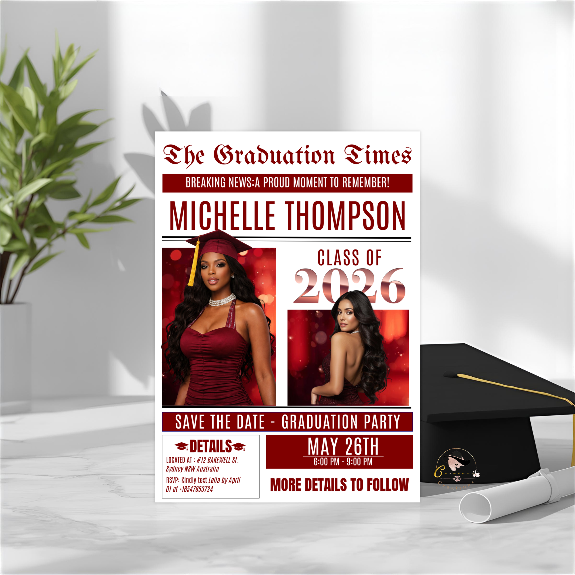 Newspaper Graduation Save the Date Invitation with Photo, Senior Grad Party Invite, Class 2026 Boy Girl, Digital Printable Canva Template