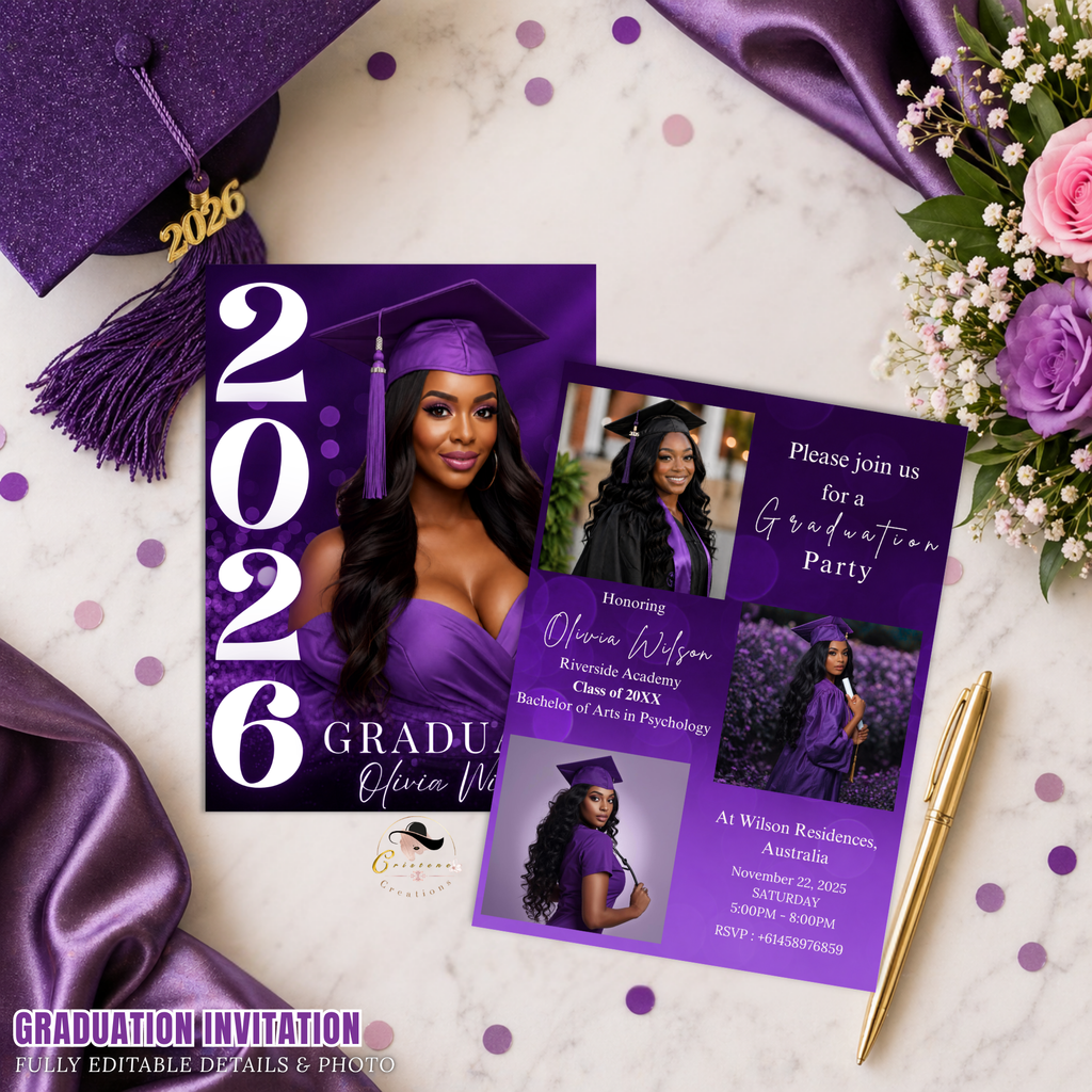 Purple Graduation Invitation with Photo, Class of 2026 Grad Party Announcement Invite for Him and Her, Printable Editable Digital Template