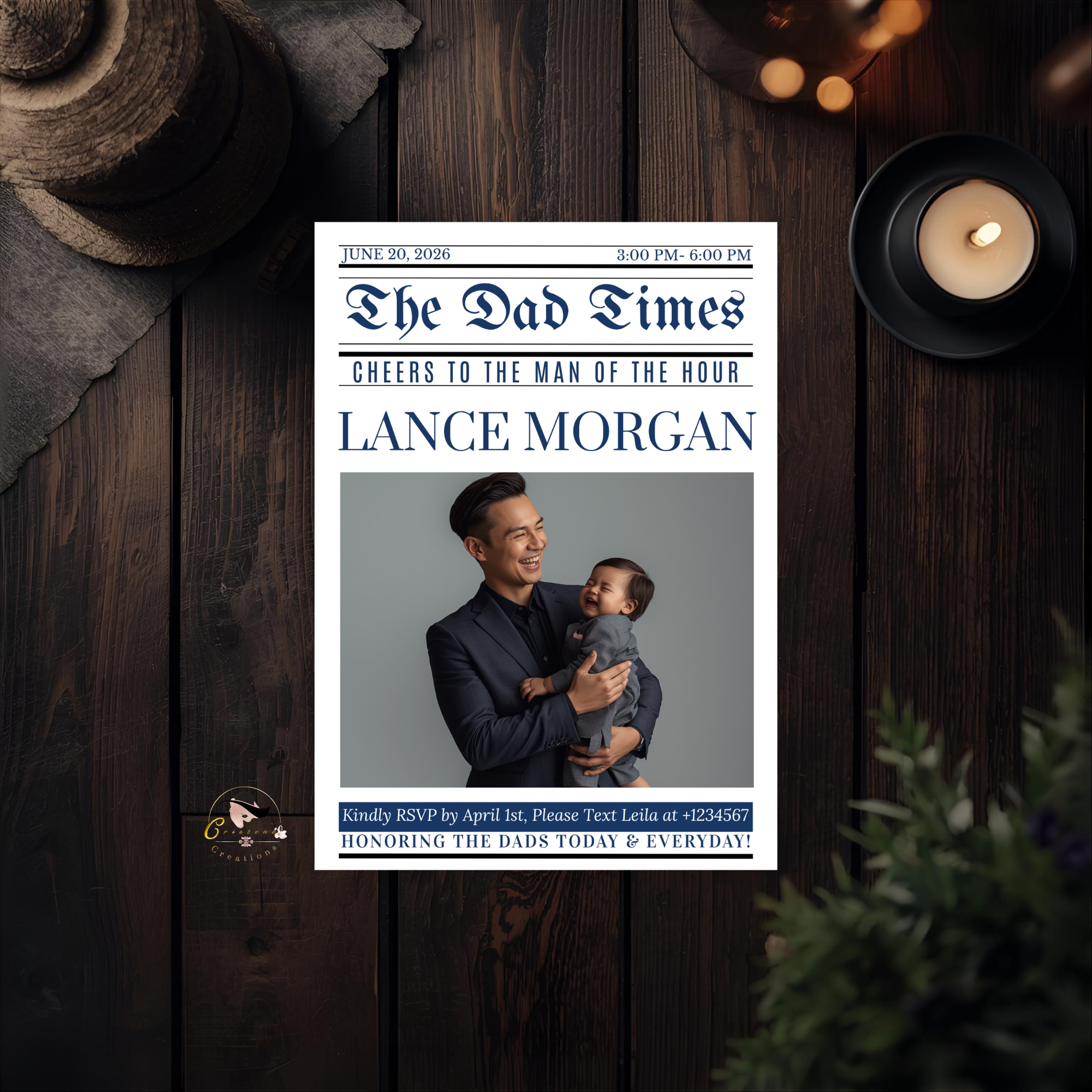 Newspaper Fathers Day Invitation with Photo, Dad Party Invite, Brunch or Dinner Invite, Editable Canva Template, Printable Celebration Card