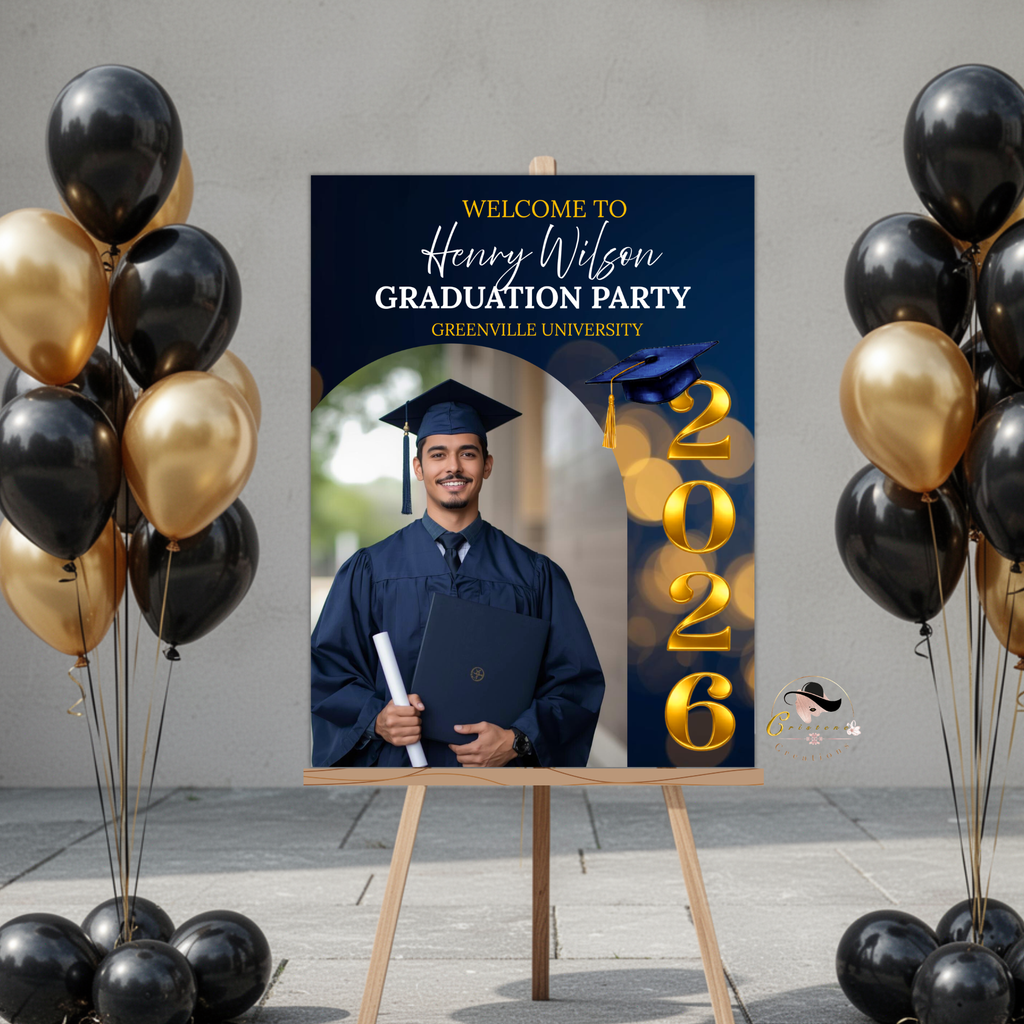 Graduation Welcome Party Sign, Senior Grad Poster Sign with photo, Class 2026 Woman Men High School Sign, Blue Gold Printable Template