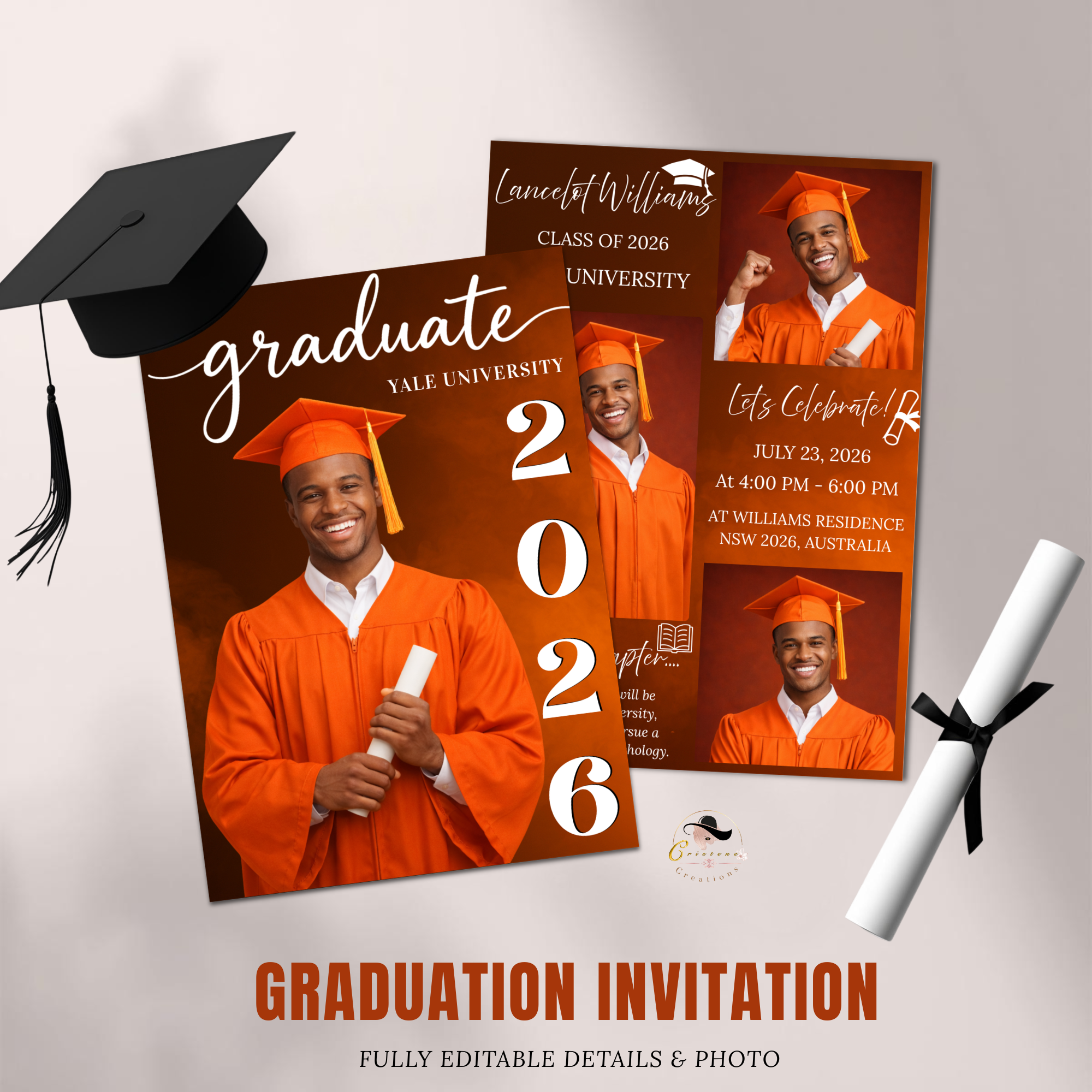 Orange Senior Graduation Invitation, Boy High School Grad with photo invite, Class of 2026, Graduates Flyer Card, Digital Printable Template