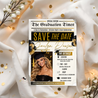 Graduation Save the Date Invitation with Photo, Newspaper Grad Announcement Invite for High School or College, Black Gold Printable Template