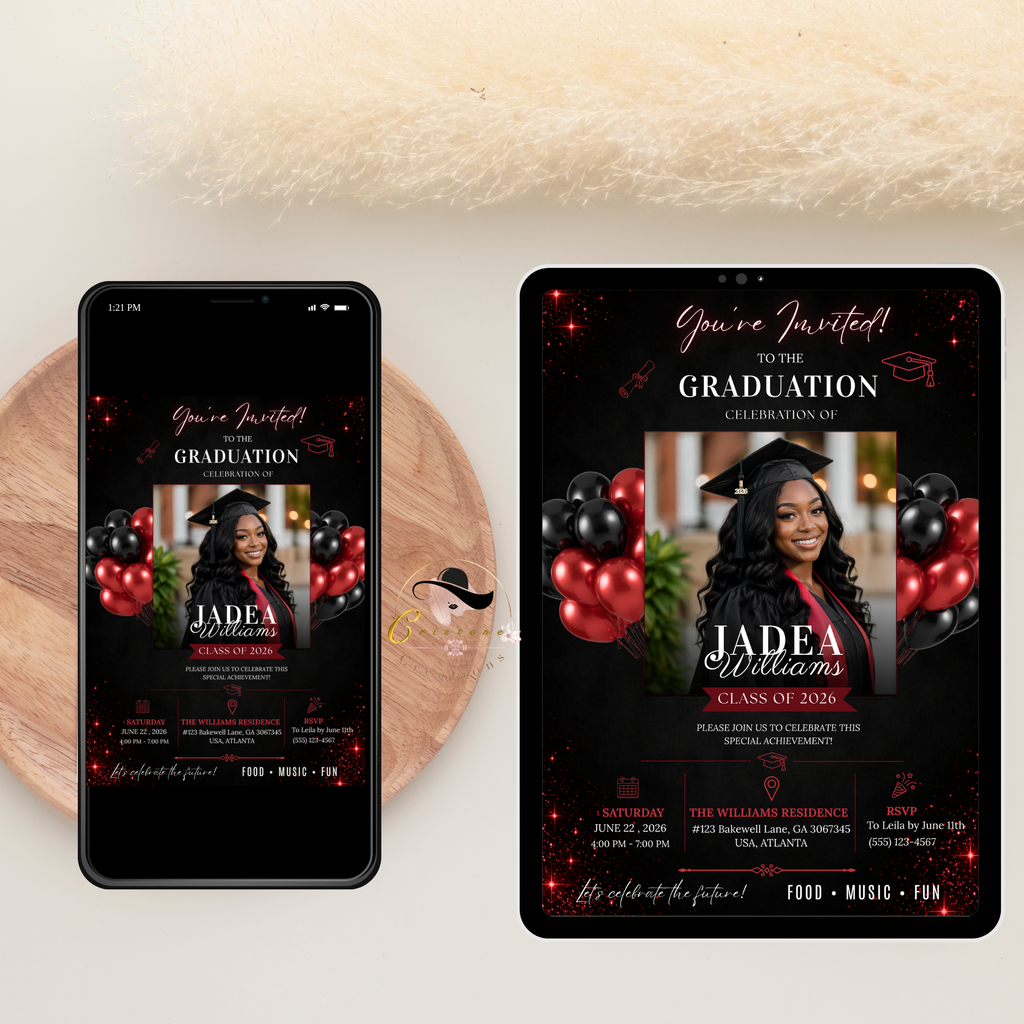 Graduation Invitation with Photo, Class of 2026 Grad Party Invite for Him and Her, High School College Red Editable Canva Printable Template