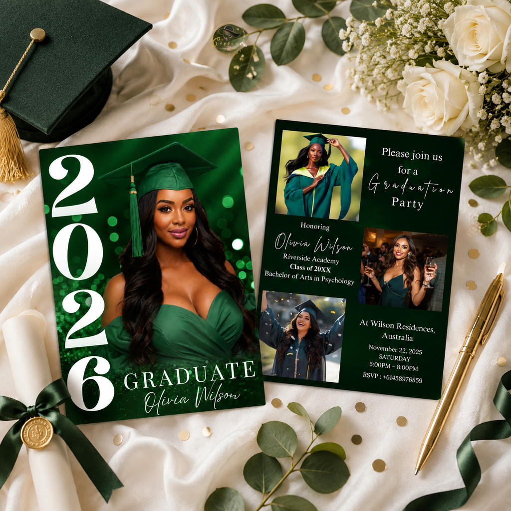 Green Graduation Invitation with Photo, Class of 2026 Grad Announcement for High School College, Girl Boy Graduate, Printable Canva Template