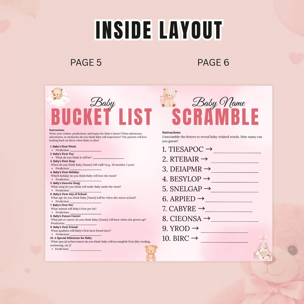 Pink Baby Shower Activity Booklet, Baby Shower Games Bundle Teddy Bear Themed, Magazine Style with photo Printable Party Decor Template