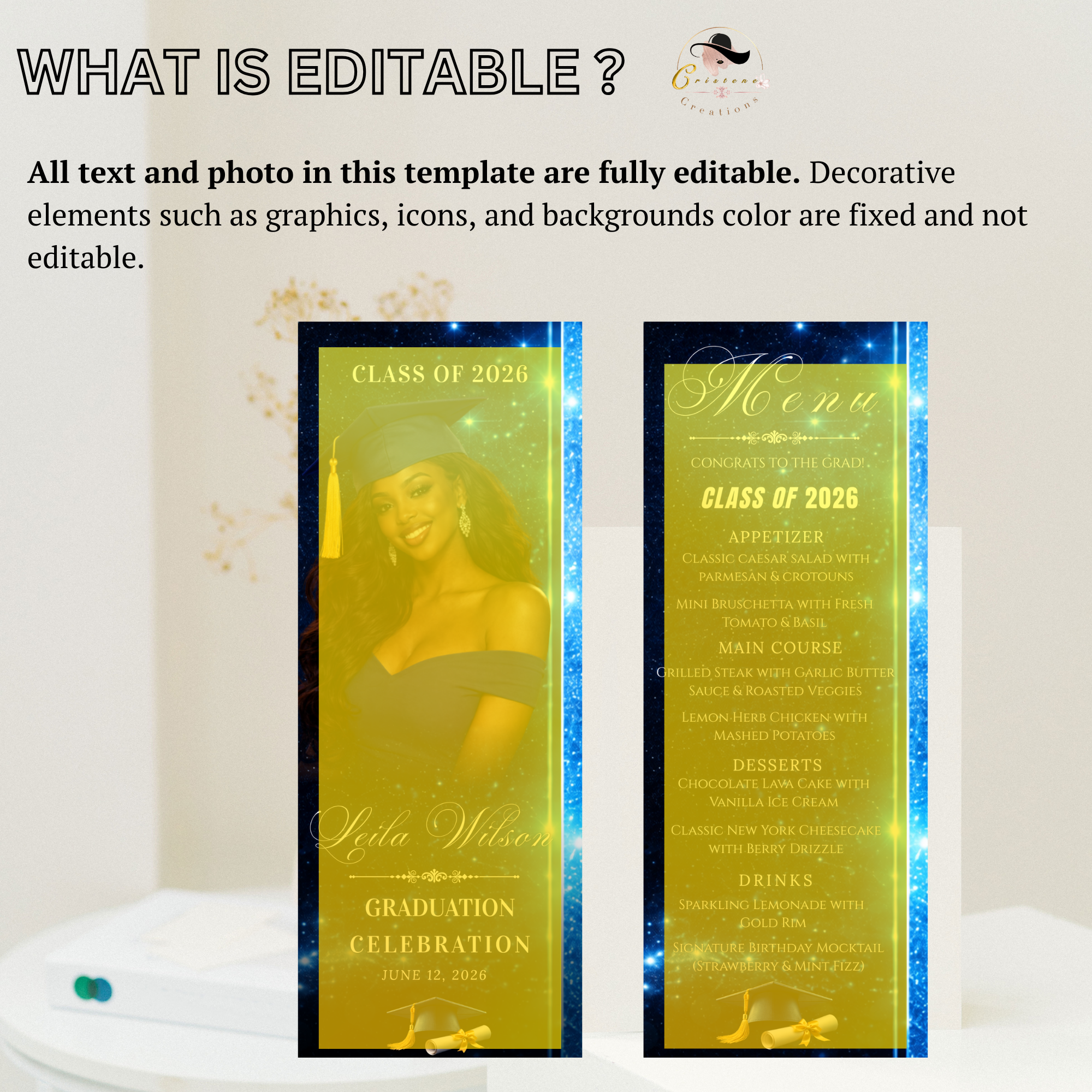 Blue Graduation Menu with Photo, Senior Grad Party Menu, Class of 2026 Dinner Menu Template, Girl Boy Menu, Printable Editable Canva