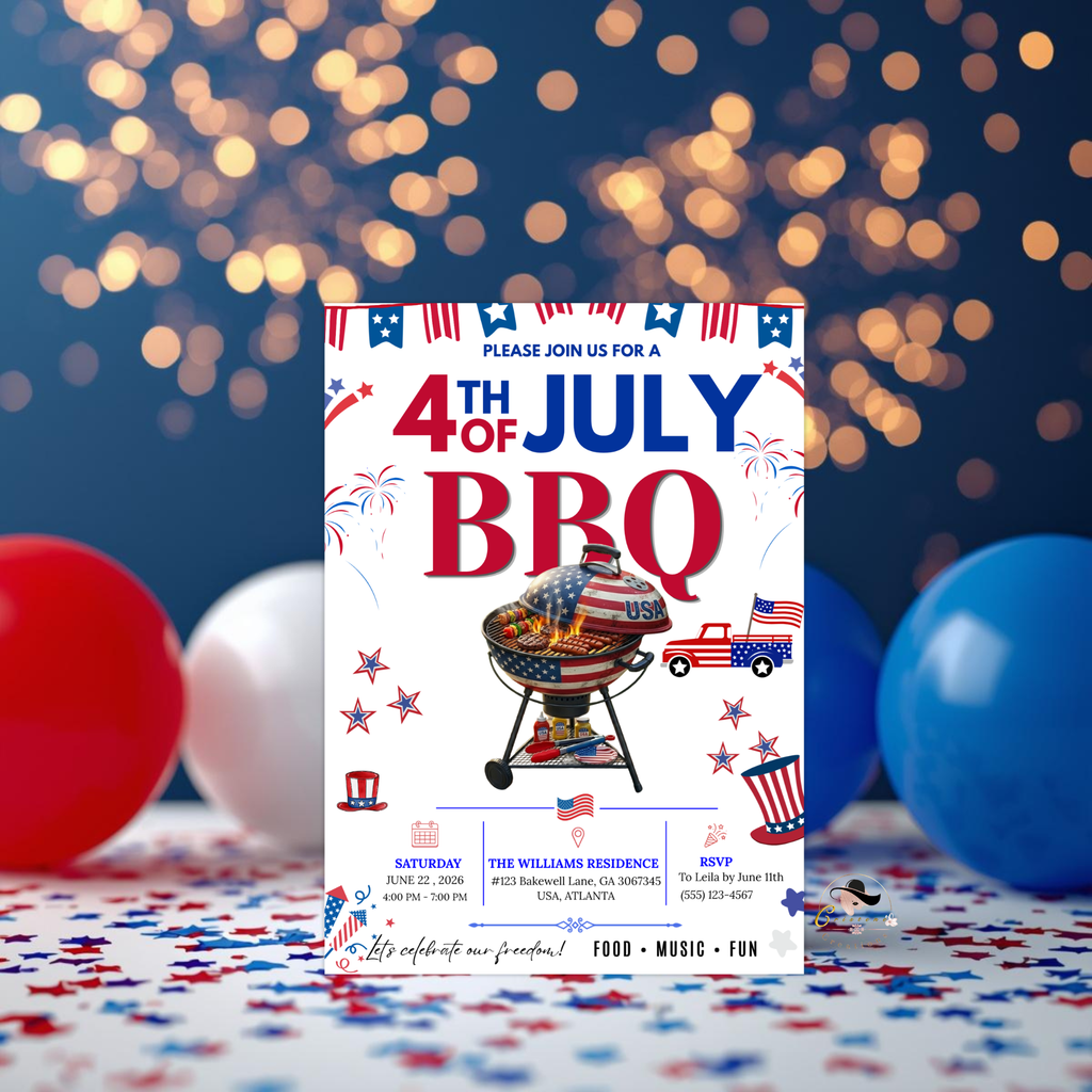 4th of July BBQ Cookout Invitation, Independence Day Patriotic Fireworks Party Invite, Red White Blue Printable Digital Template