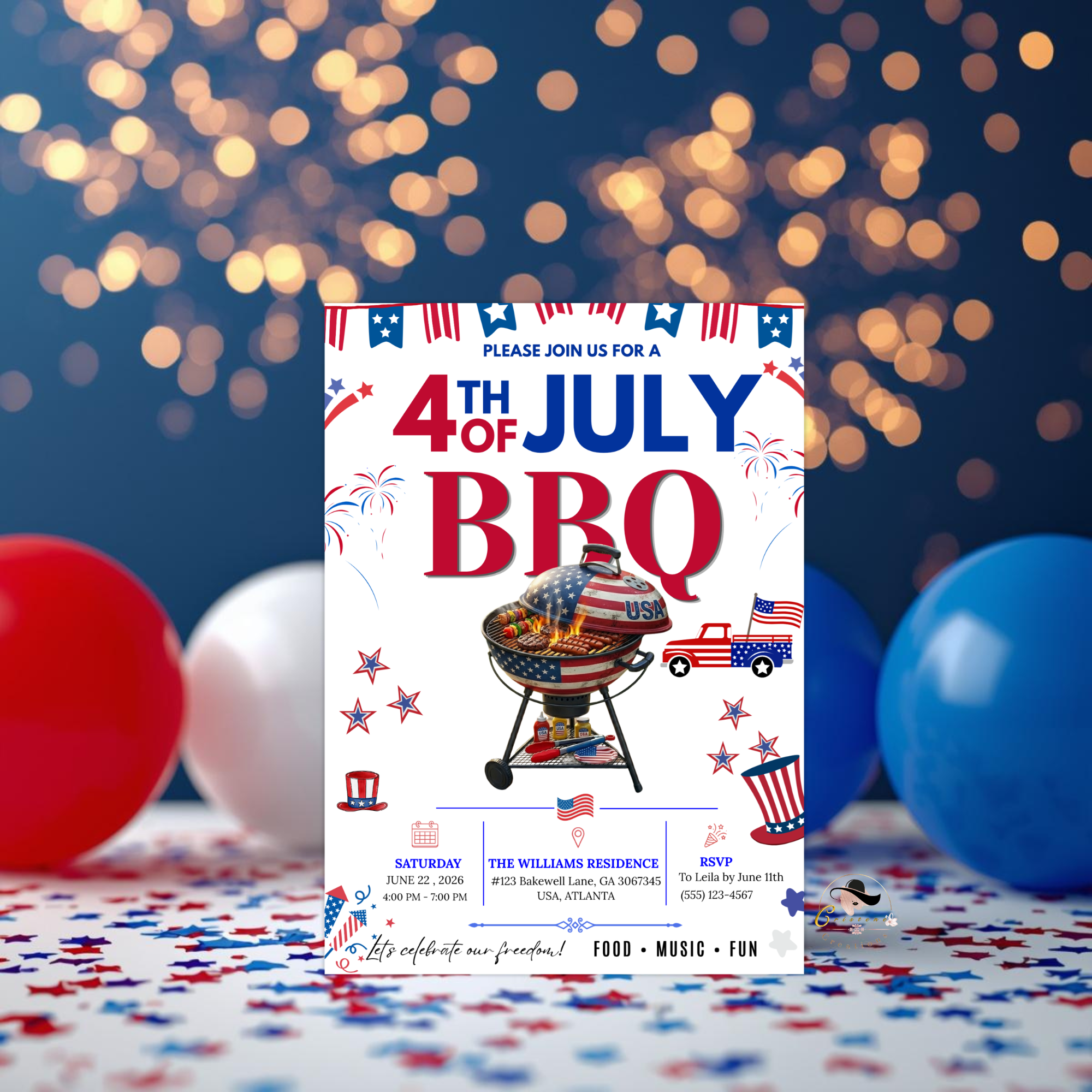 4th of July BBQ Cookout Invitation, Independence Day Patriotic Fireworks Party Invite, Red White Blue Printable Digital Template