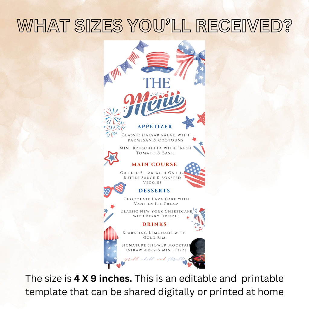 4th of July Party Menu, USA Independence Day Cookout BBQ Menu Card, Patriotic Menu, July Fourth Menu, Editable Canva Printable Template