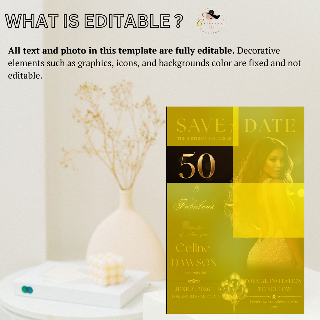Black Gold 50th Birthday Save the Date Invitation, Save Date Party with Photo, Elegant Dinner Event Invite, Printable Canva Digital Template