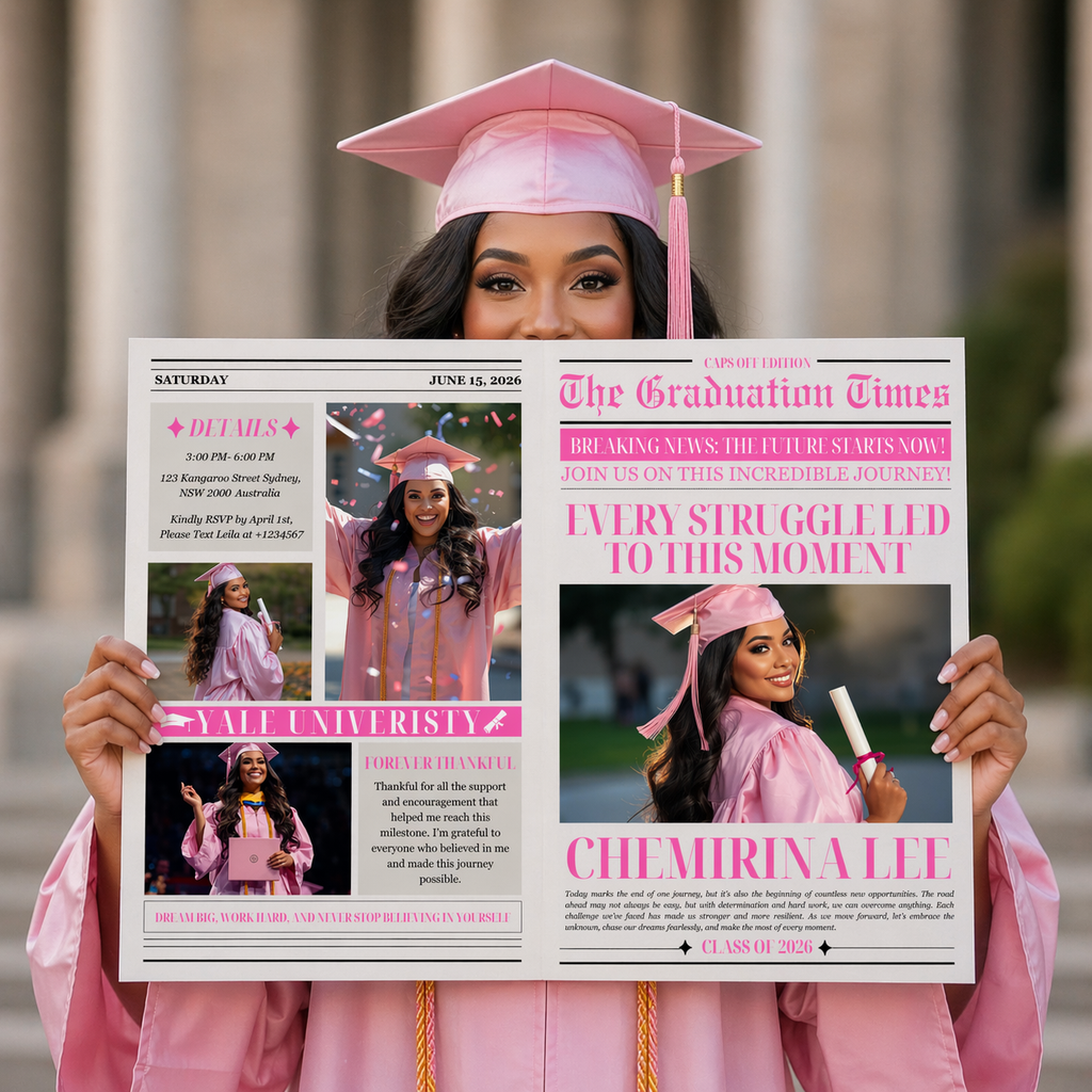 Pink Newspaper Graduation Template with Photo, Class of 2026 Grad Announcement for her, Senior Grad Invite, Editable Printable Invitation