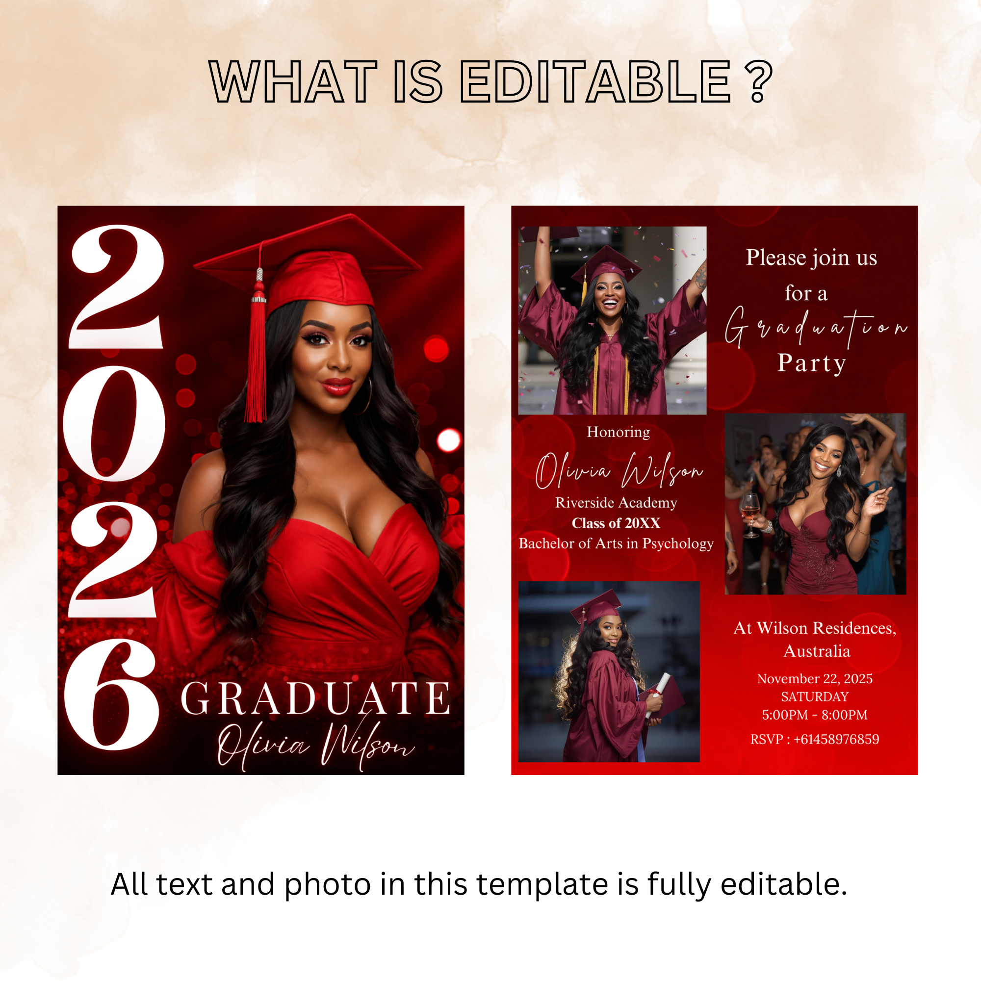 Red Graduation Invitation with Photo, Class of 2026 Grad Party Announcement Invite, Printable Editable Digital Template for Him and Her