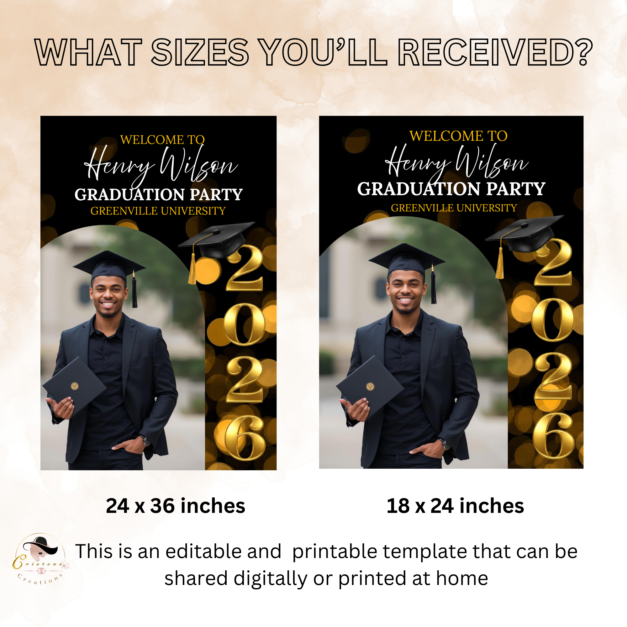 Graduation Welcome Party Sign, Senior Grad Poster Sign with photo, Class 2026 Woman Man Graduates Sign, Black Gold Printable Template