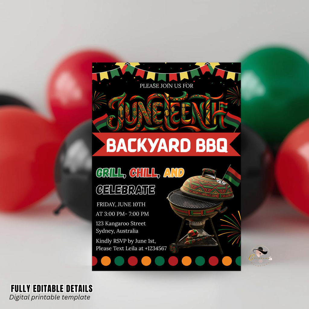 Juneteenth BBQ Cookout Invitation, Black Freedom Celebration Party Invite, Independence Day Backyard Barbecue Printable Digital Template