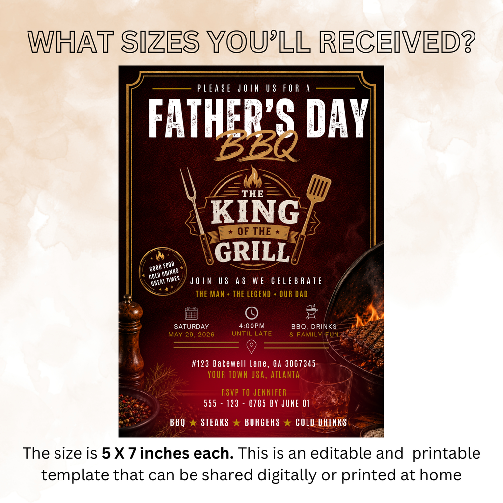 Father’s Day Backyard BBQ Invitation, Summer Grill Party for Dad, Birthday Barbecue Invite for Him, Red Editable Printable Canva Template