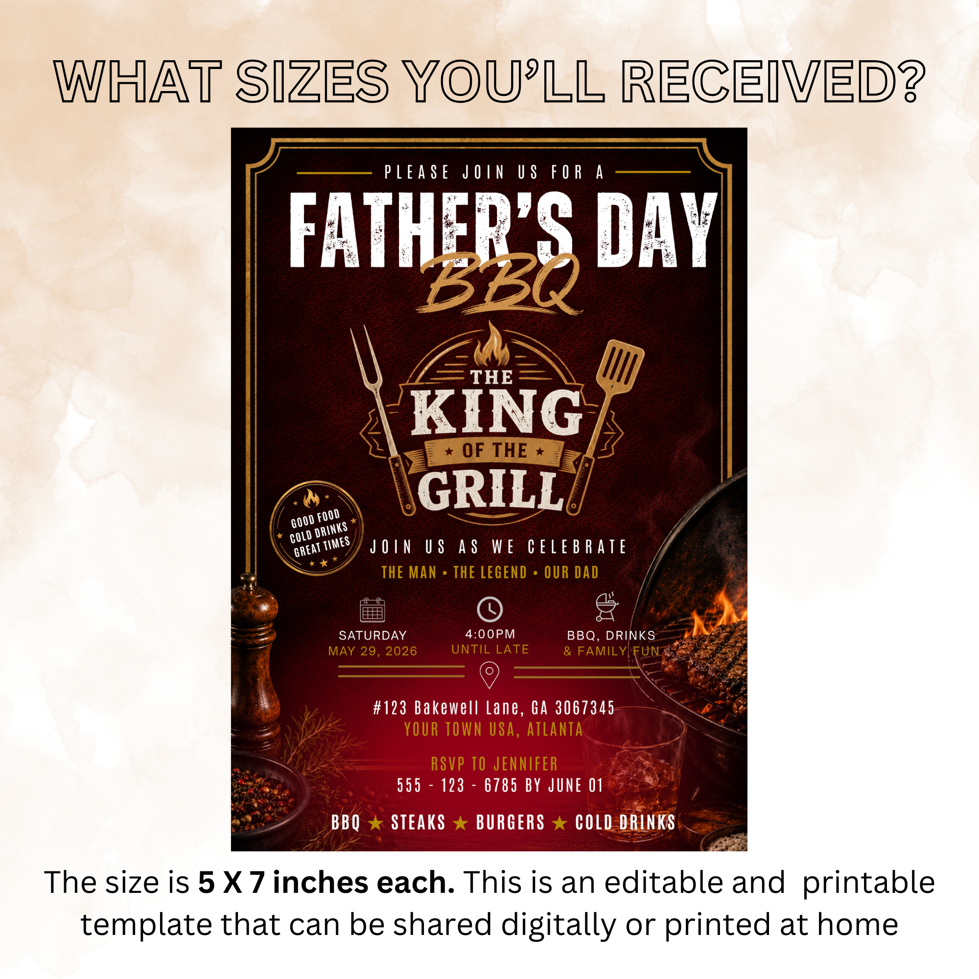 Father’s Day Backyard BBQ Invitation, Summer Grill Party for Dad, Birthday Barbecue Invite for Him, Red Editable Printable Canva Template