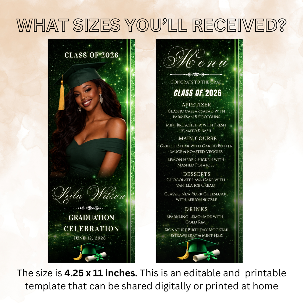 Green Graduation Dinner Menu with Photo, Class of 2026 Menu Card, Elegant Grad Brunch Menu Template, Girl Boy Menu, Editable Canva Printable