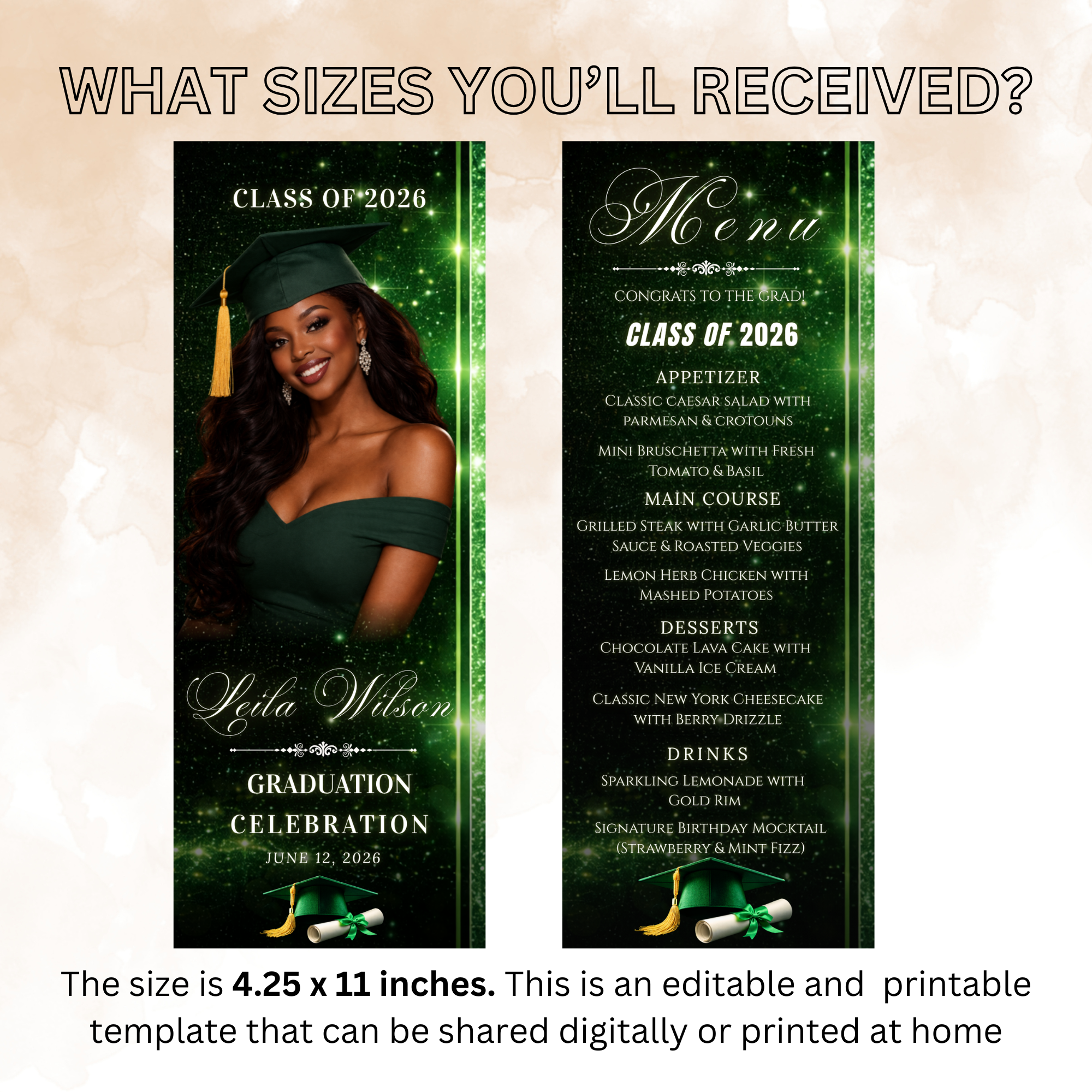 Green Graduation Dinner Menu with Photo, Class of 2026 Menu Card, Elegant Grad Brunch Menu Template, Girl Boy Menu, Editable Canva Printable