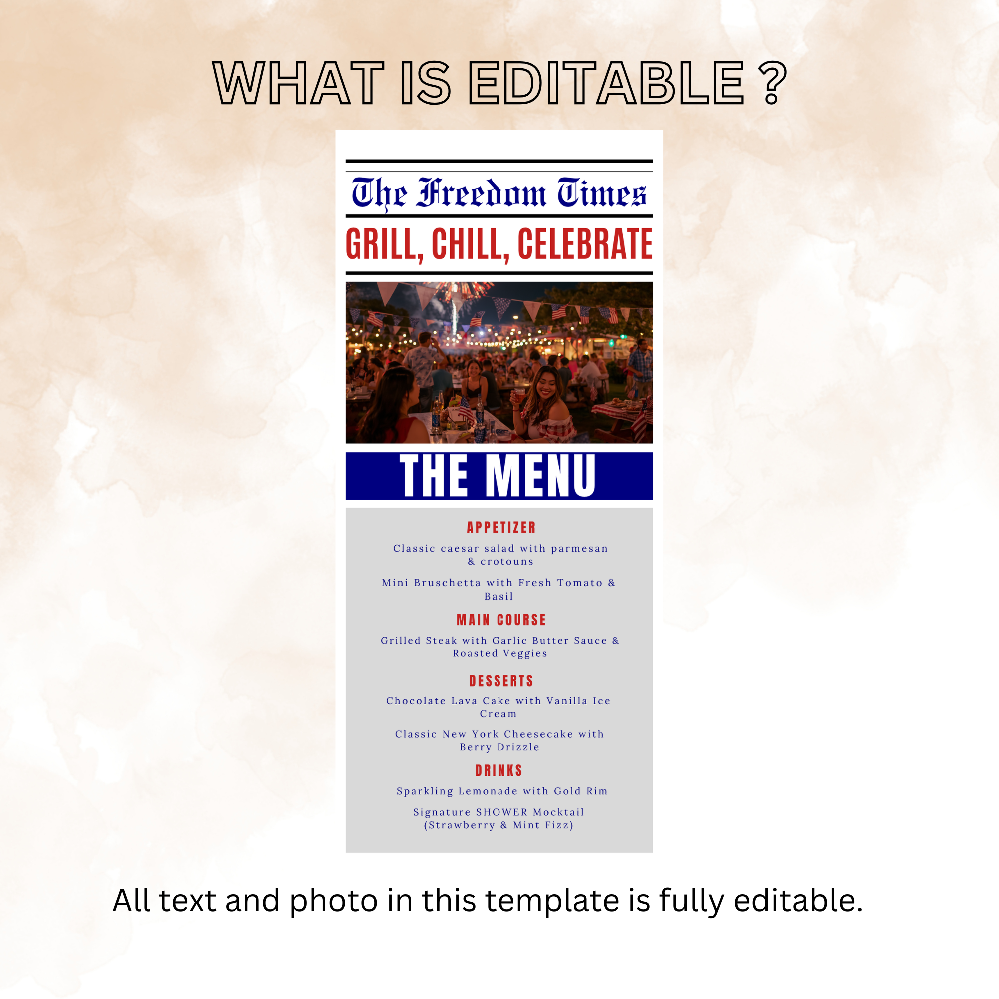 4th of July Party Menu with Photo, BBQ Cookout Fireworks Pool Party Printable Menu, July Fourth, Independence Day, Newspaper Style Template