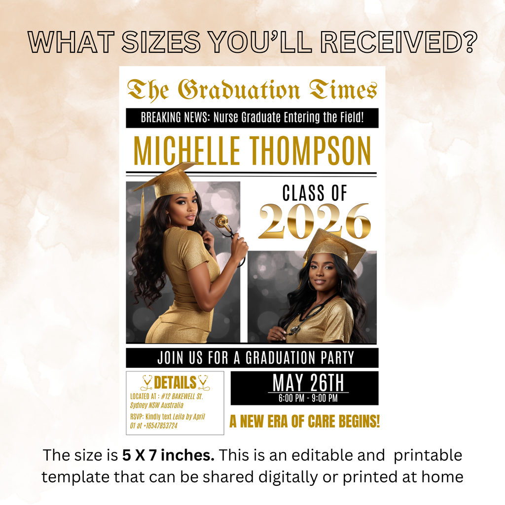 Black gold Newspaper Nurse Graduation Invitation, RN Pinning Ceremony with photo invite, Girl LPN Nursing Graduates, Boy BSN Flyer Template