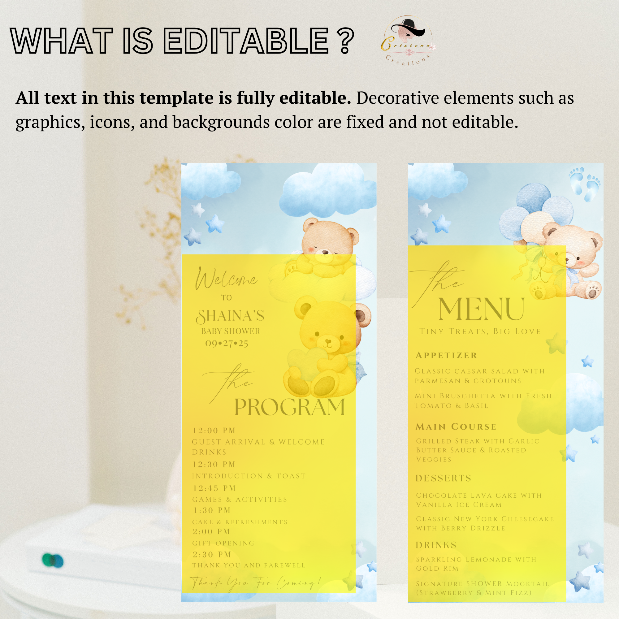 Cloud 9 Baby Shower Menu and Program Template, Blue Baby Shower Teddy Bear Theme Order of Events, Menu Card Editable Digital Printable Canva