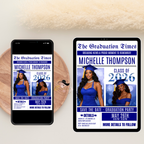 Blue Newspaper Graduation Save the Date Invitation with Photo, Senior Grad Party Invite, Class 2026 Boy Girl, Digital Printable Template