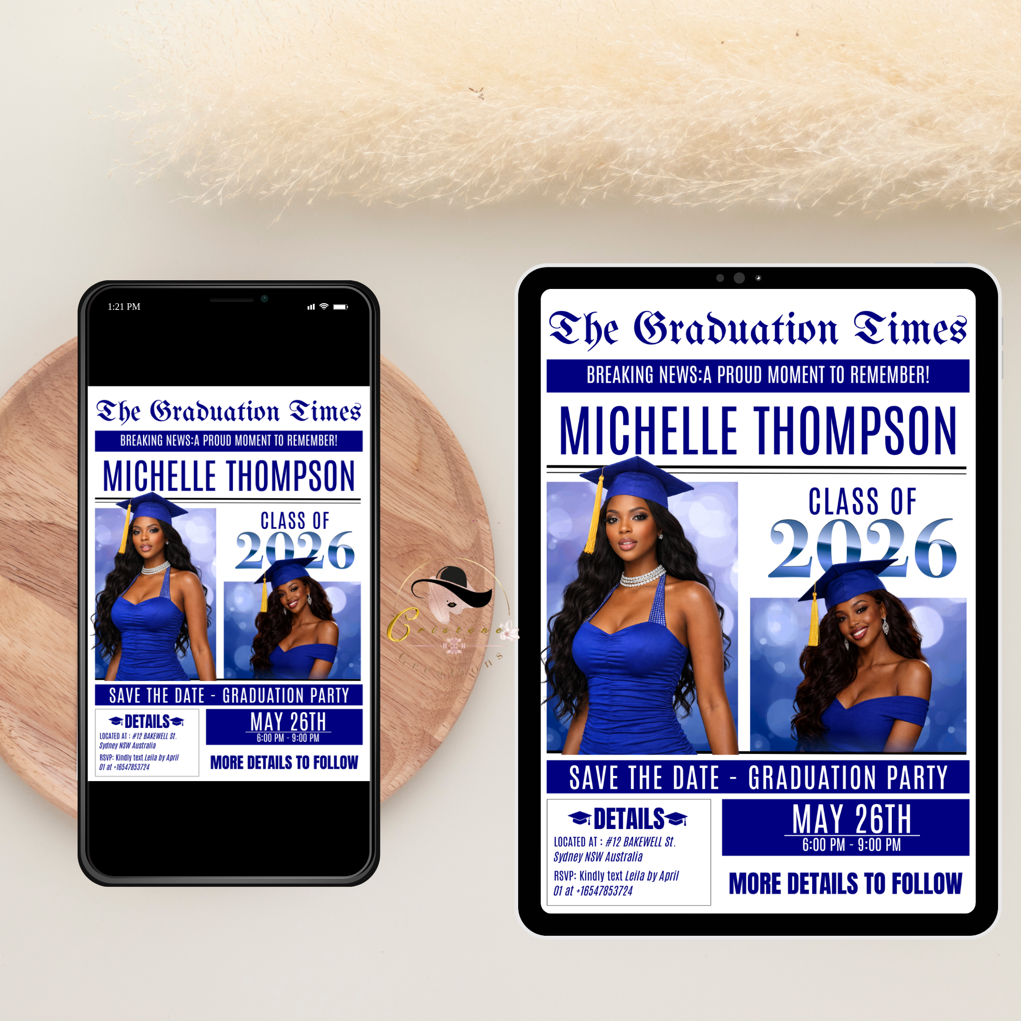Blue Newspaper Graduation Save the Date Invitation with Photo, Senior Grad Party Invite, Class 2026 Boy Girl, Digital Printable Template