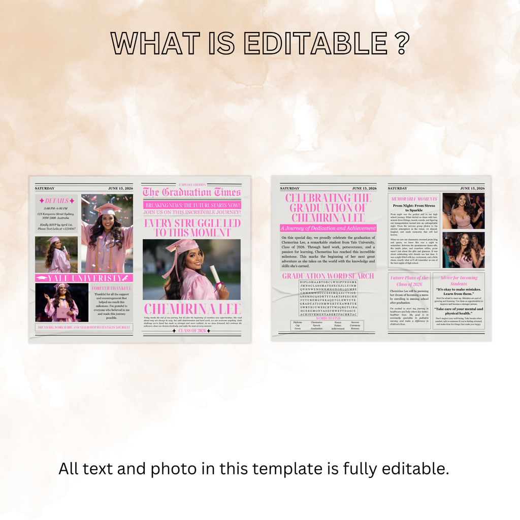 Pink Newspaper Graduation Template with Photo, Class of 2026 Grad Announcement for her, Senior Grad Invite, Editable Printable Invitation