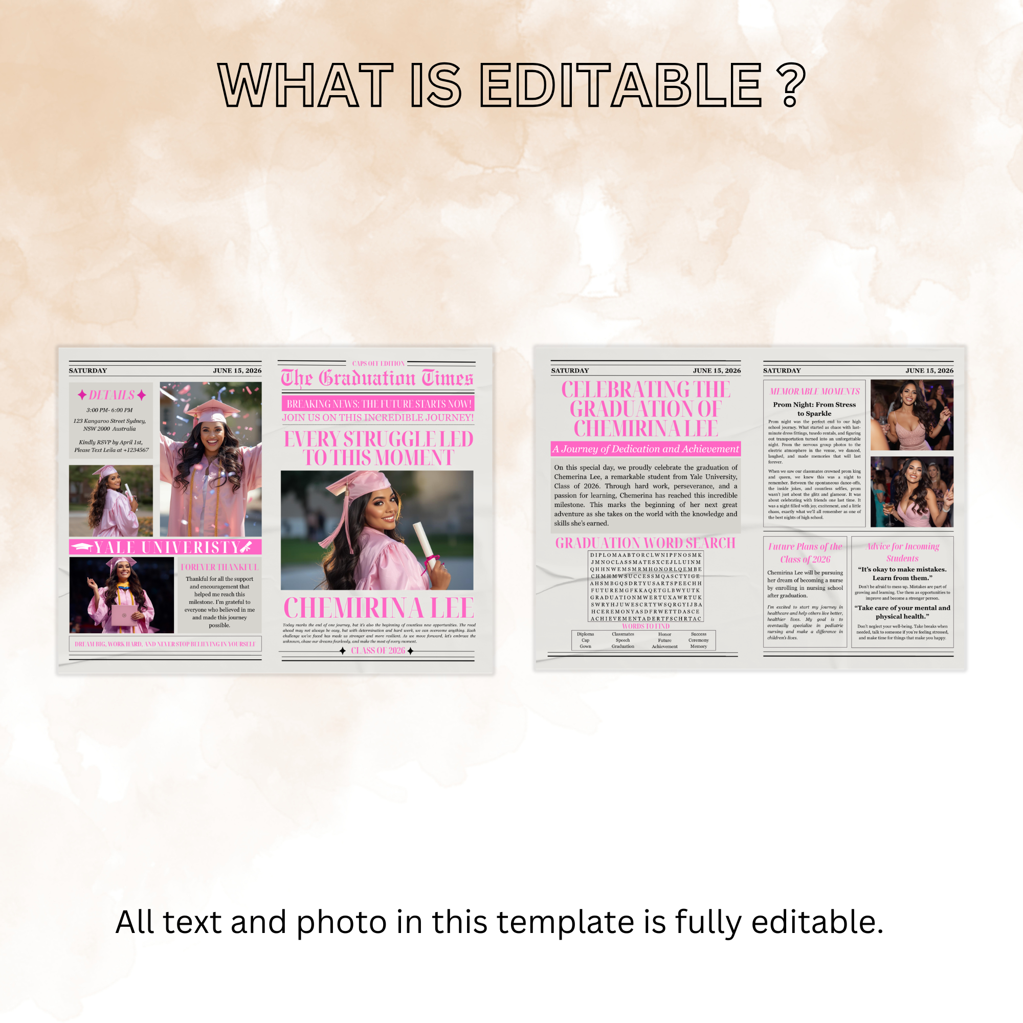 Pink Newspaper Graduation Template with Photo, Class of 2026 Grad Announcement for her, Senior Grad Invite, Editable Printable Invitation