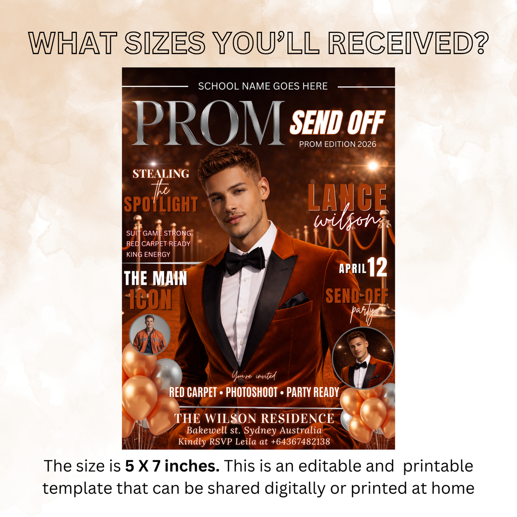 Boy Prom Send Off Party Invitation, Prom King with photo invite, Orange Prom Night Flyer Card, High School Prom Digital Printable Template