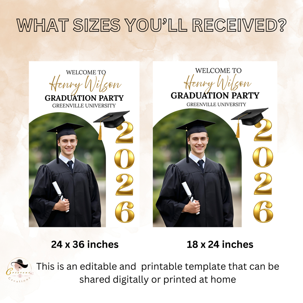 Boy Graduation Welcome Party Sign, Male Senior Grad Announcement Poster Sign with photo, Class 2026 Men Graduates Sign Printable Template