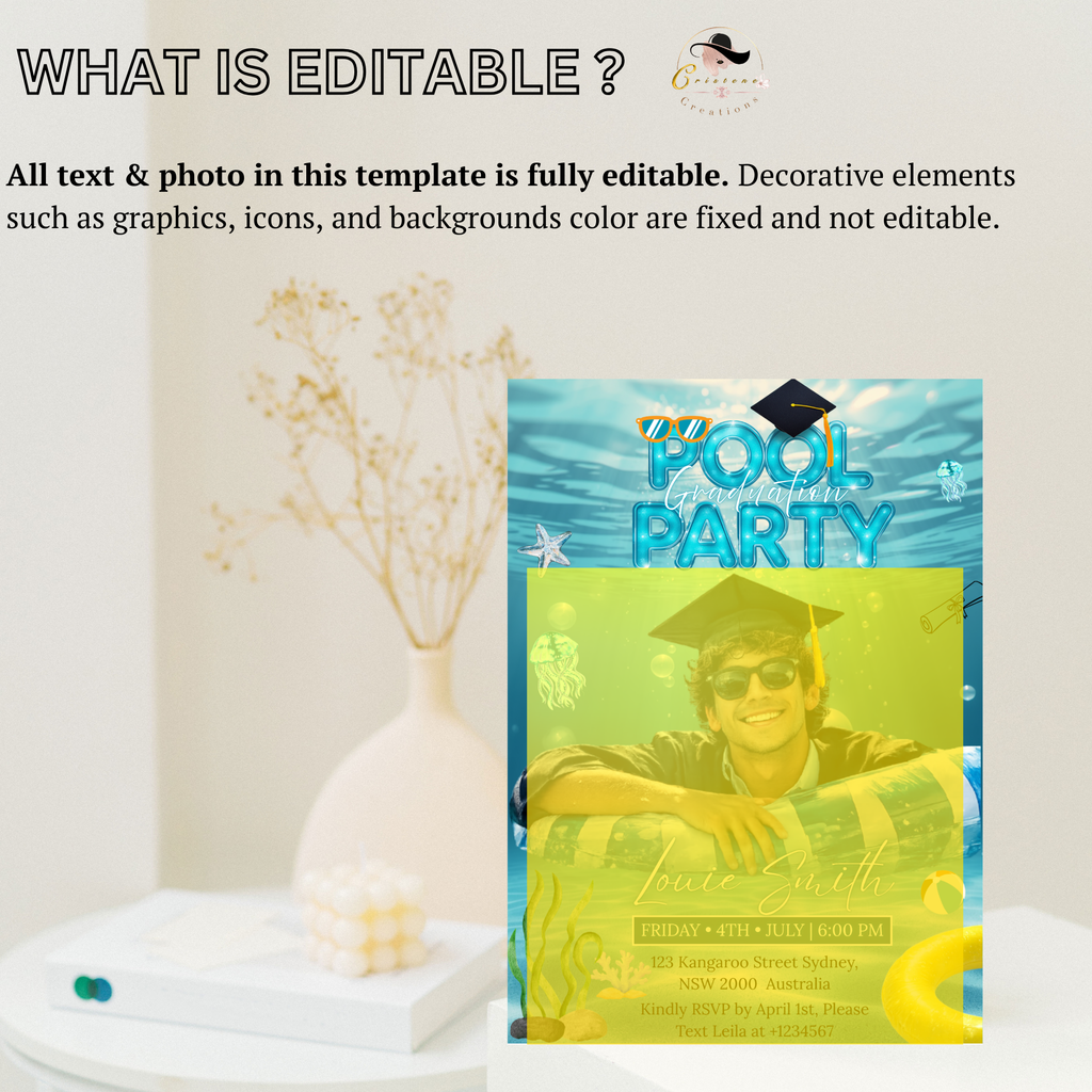 Pool Party Graduation Invitation with Photo, Summer Tropical Senior Grad Party Invite for Him and Her, Printable Editable Digital Template