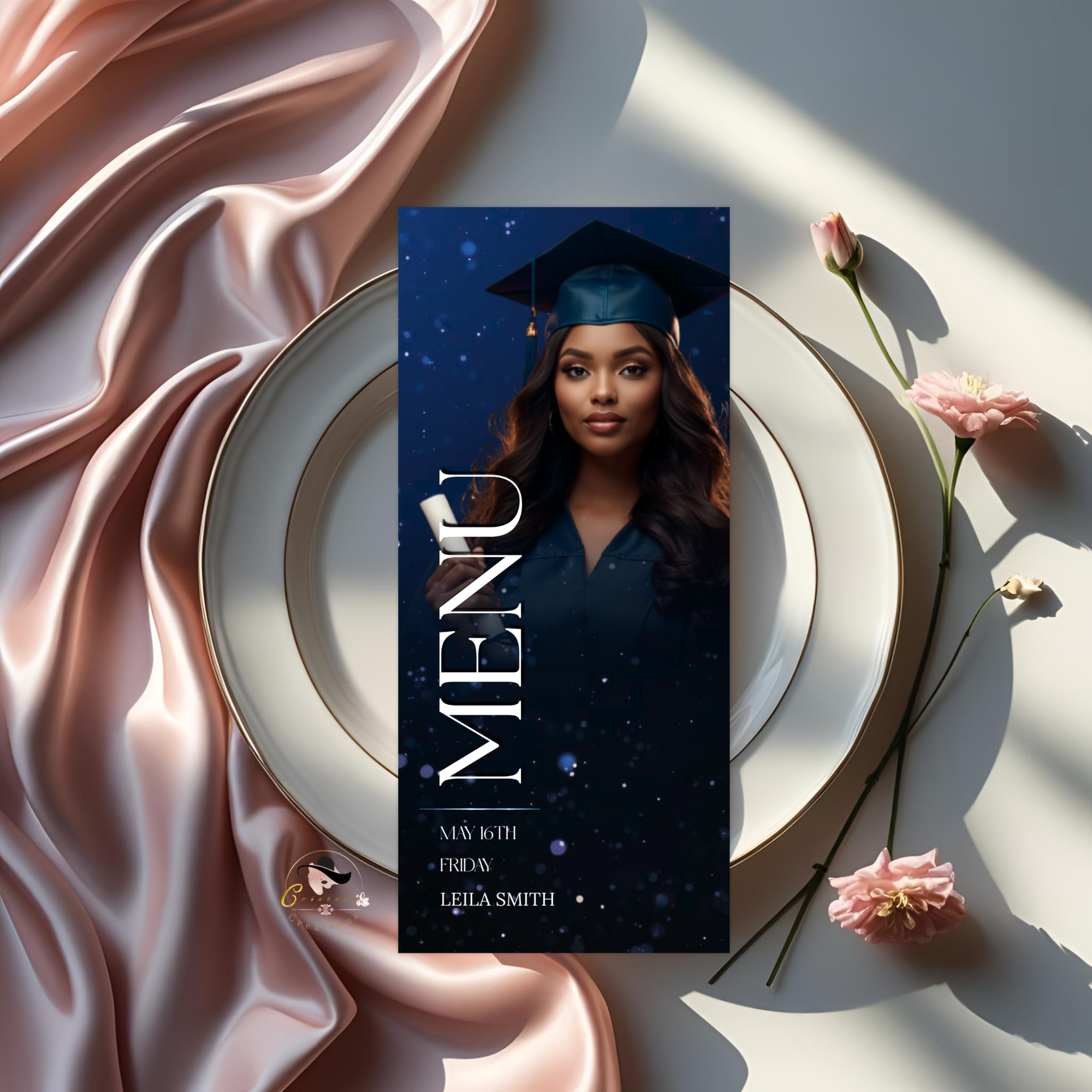 Editable Graduation Menu with Photo, Blue Grad Party Dinner Brunch Menu Card, Class of 2026 Menu For Him and Her, Printable Canva Template