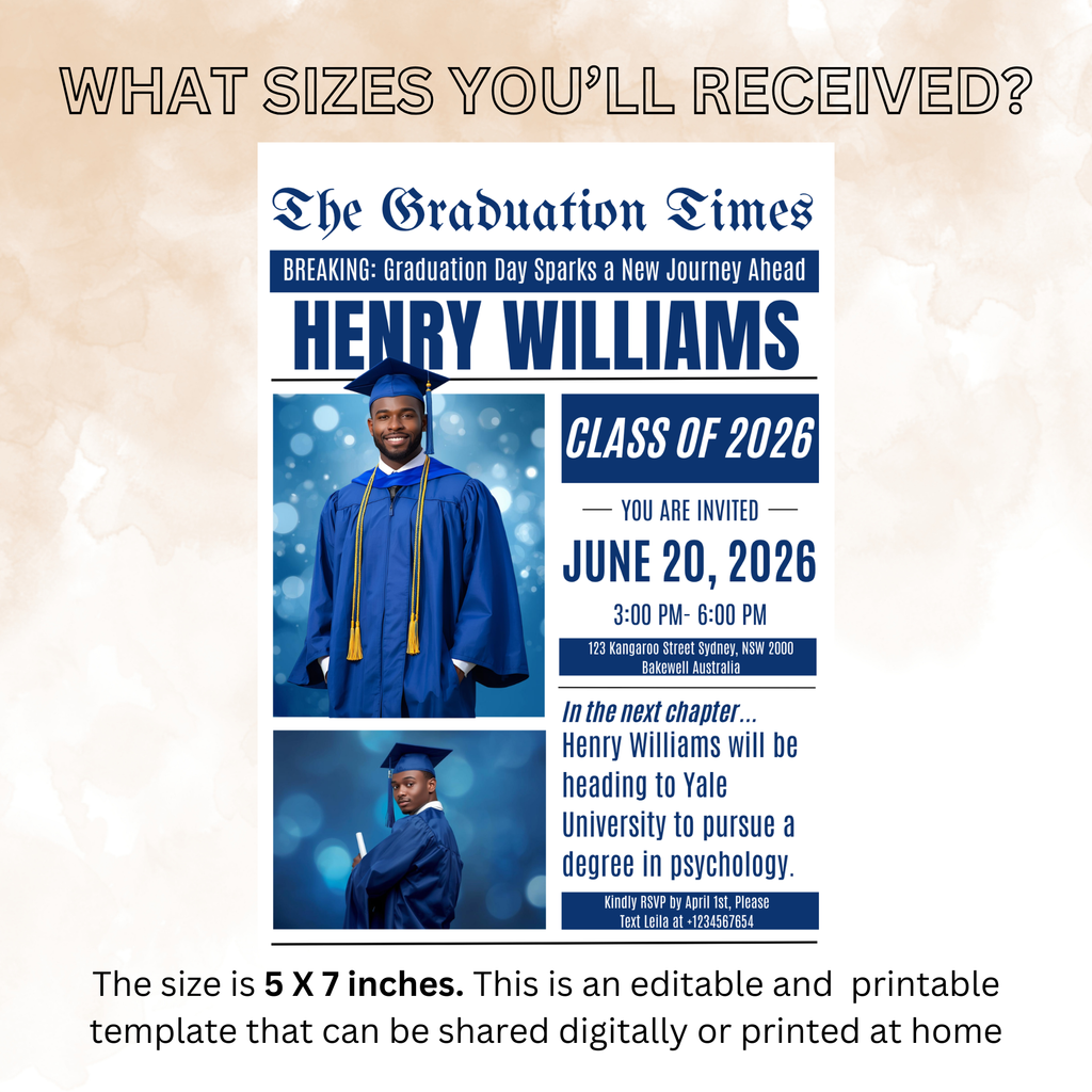 Senior Graduation Invitation with Photo, Newspaper Style High School Grad Announcement Invite for Him, Class of 2026 Editable Canva Template