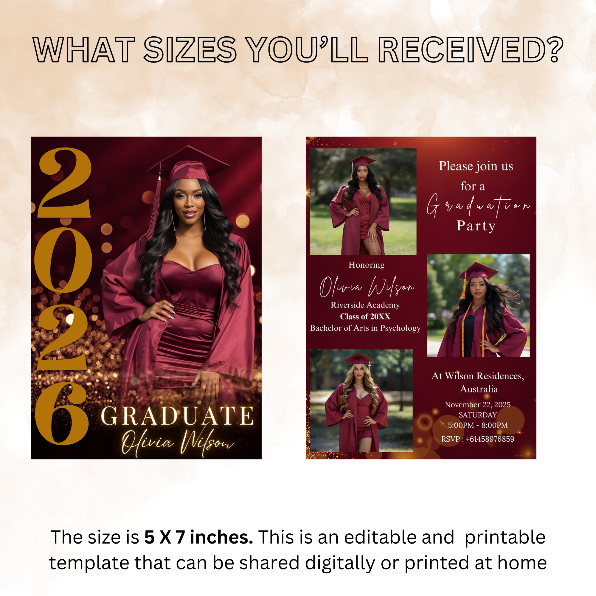 Graduation Invitation with Photo, College High School Senior Grad Party Announcement, Burgundy Gold Printable Editable Digital Template