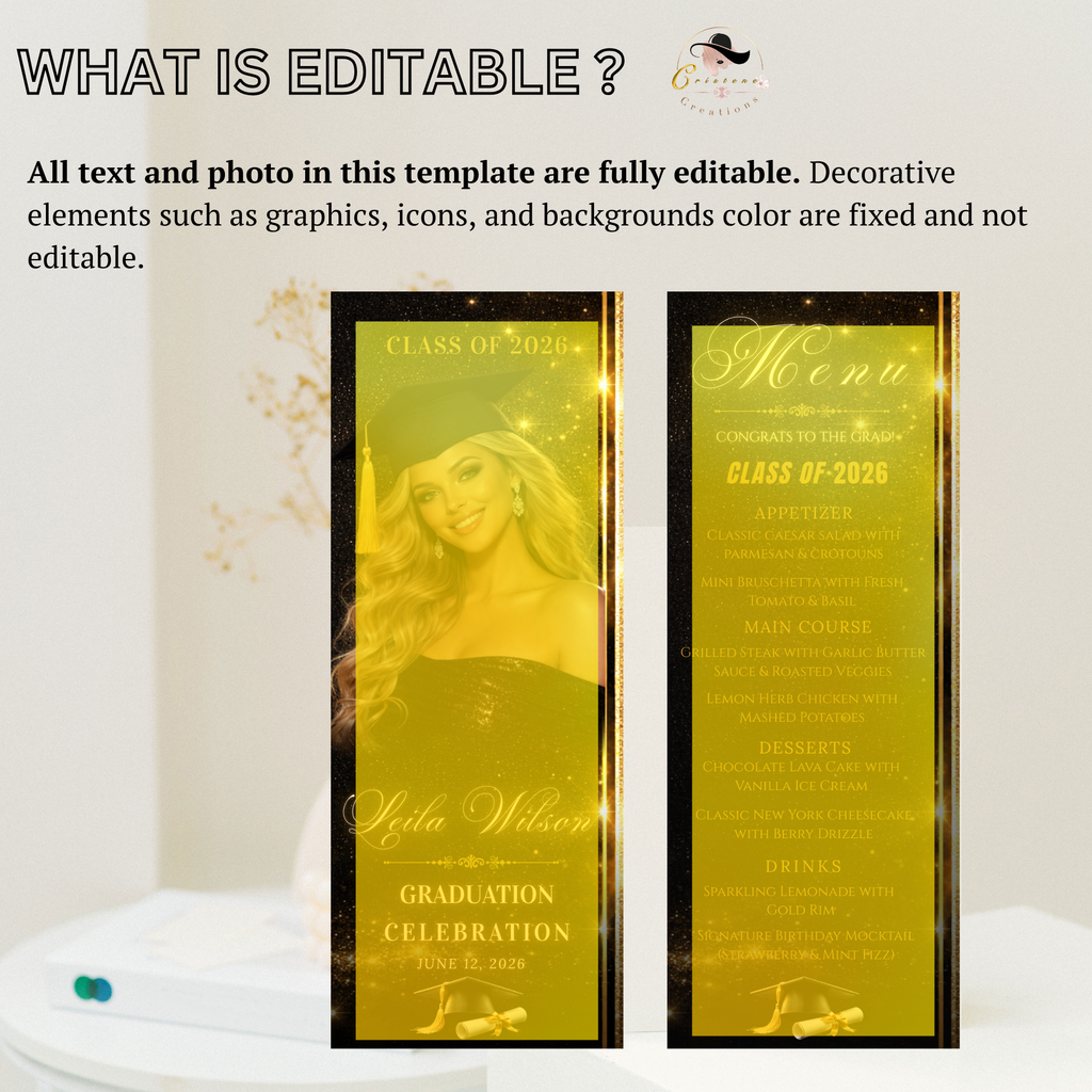Black Gold Graduation Menu with Photo, Class of 2026 Menu Card, Elegant Grad Dinner Menu Template, Boy Girl Menu, Editable Canva Printable