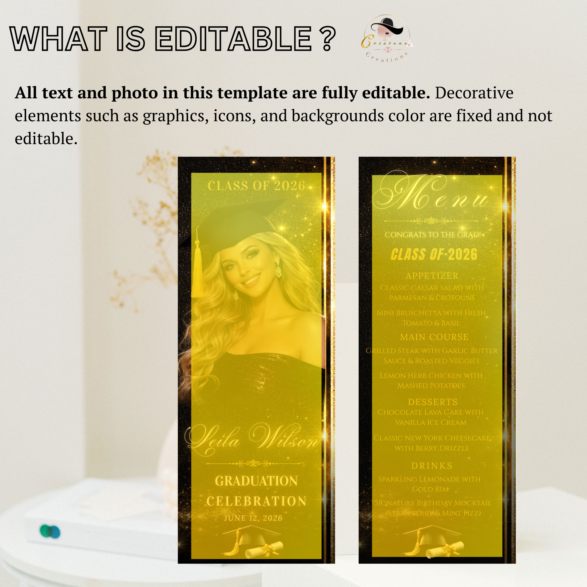 Black Gold Graduation Menu with Photo, Class of 2026 Menu Card, Elegant Grad Dinner Menu Template, Boy Girl Menu, Editable Canva Printable