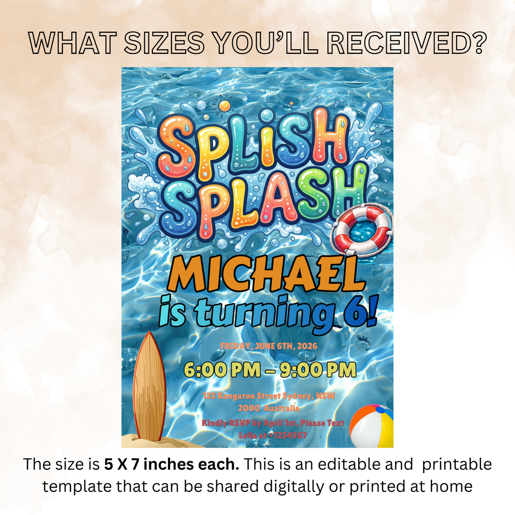 Pool Party Birthday Invitation for Boy, Kids Summer Beach Party Invite, Splish Splash Invite, Blue Printable Editable Digital Template