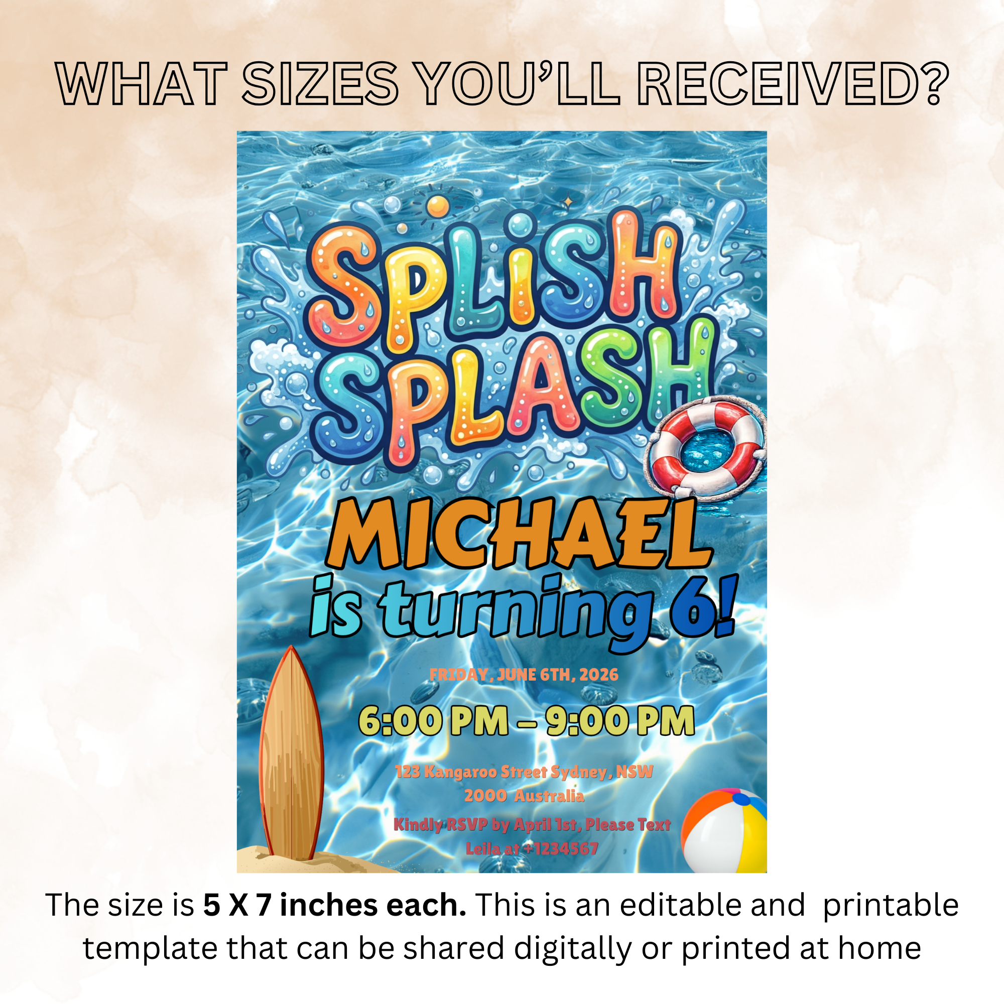 Pool Party Birthday Invitation for Boy, Kids Summer Beach Party Invite, Splish Splash Invite, Blue Printable Editable Digital Template