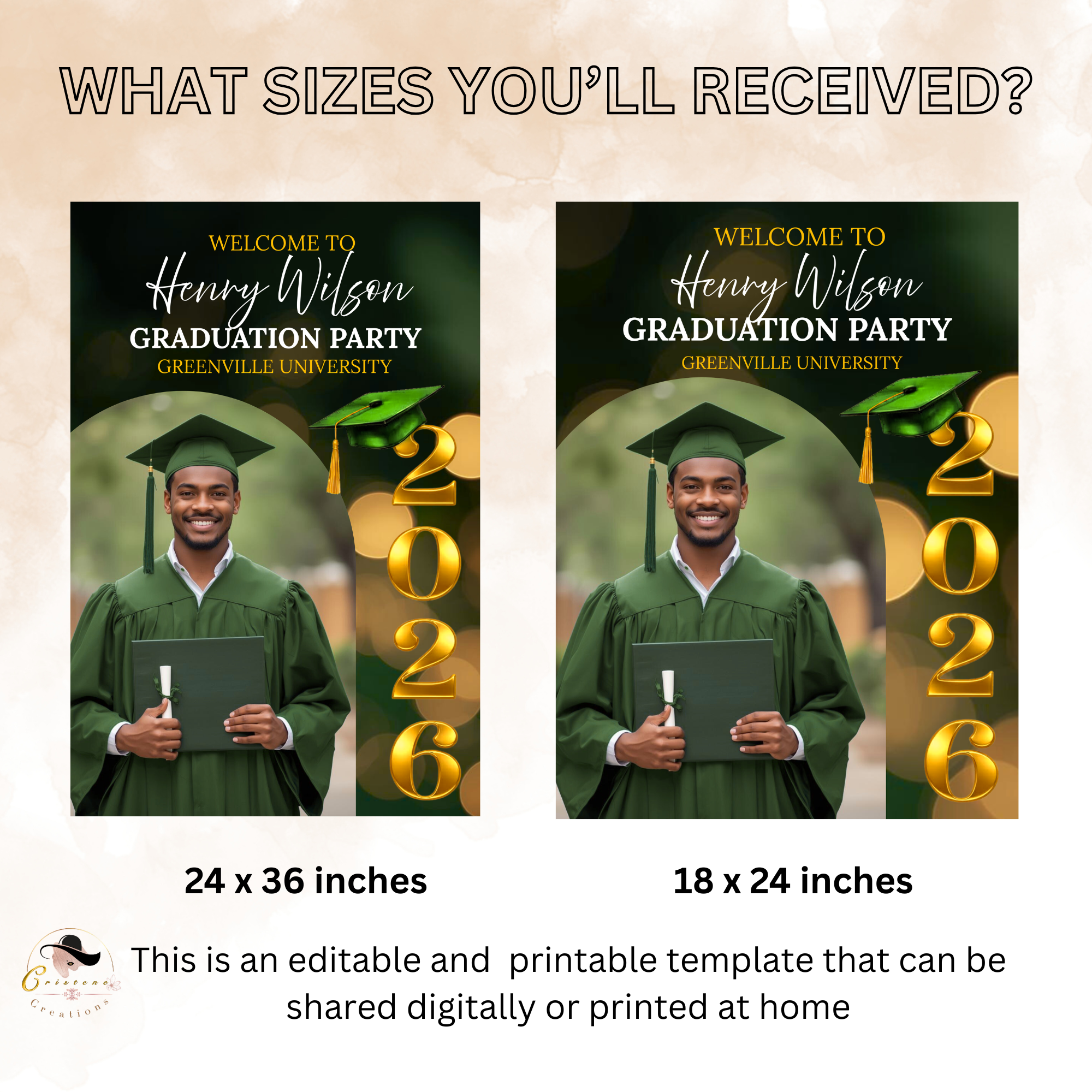 Boy Graduation Welcome Party Sign, Male Senior Grad Poster Sign with photo, Class 2026 Men Graduates Sign, Green Gold Printable Template