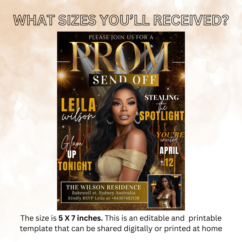 Black Gold Prom Send Off Party Invitation, Prom Queen with photo invite, Girls Prom Night Flyer, Magazine Cover, Digital Printable Template