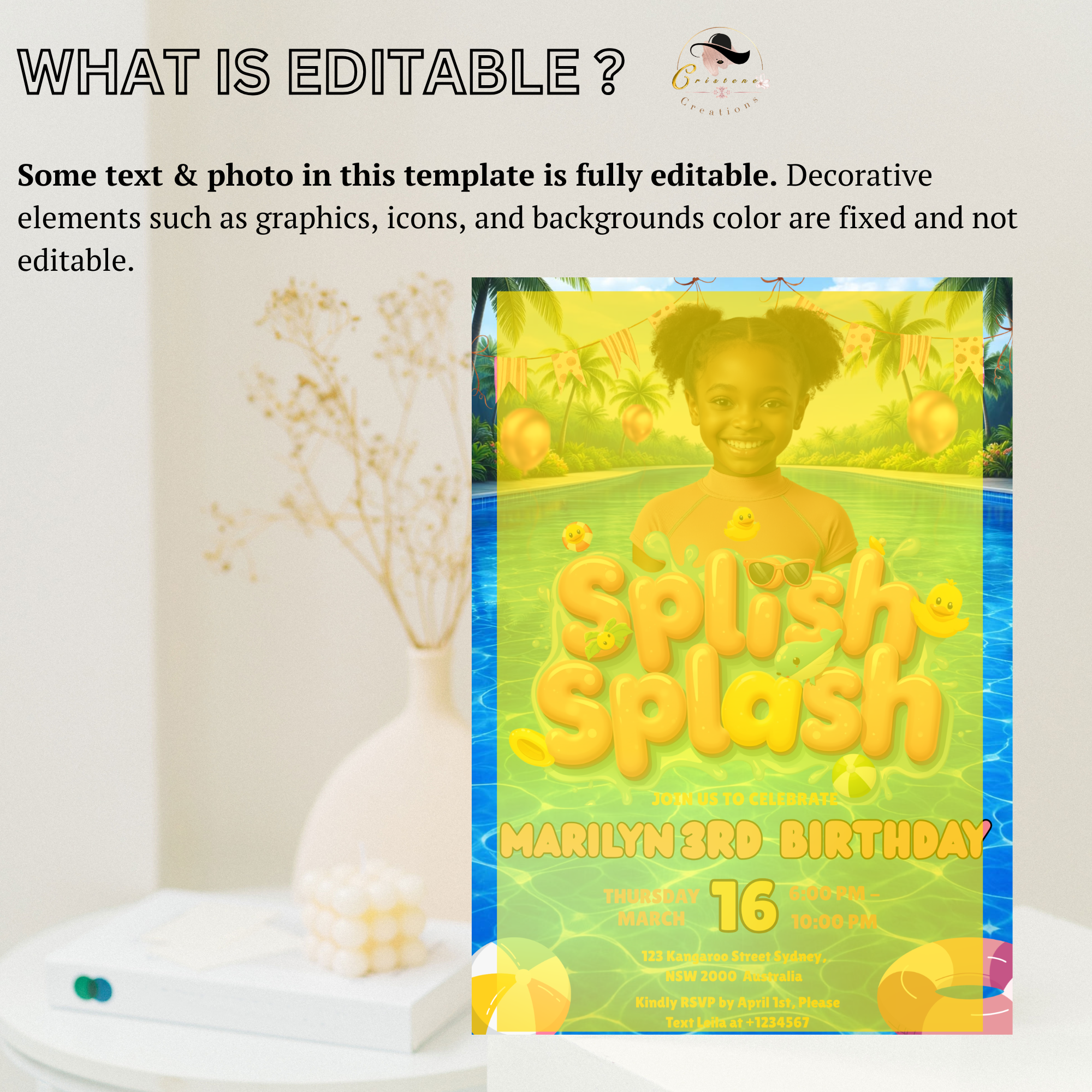 Kids Pool Party Birthday Invitation with Photo, Summer Tropical Splash Party Invite, Girl Swim Invite, Printable Editable Digital Template
