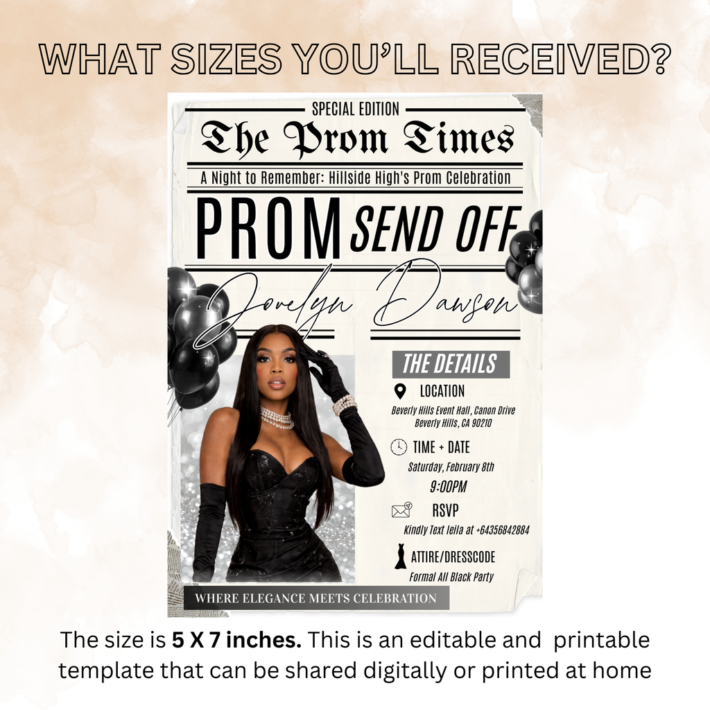 Newspaper Prom Send Off Party Invitation, Black Silver Prom Queen with photo invite, Girl Prom Night Flyer Card, Digital Printable Template