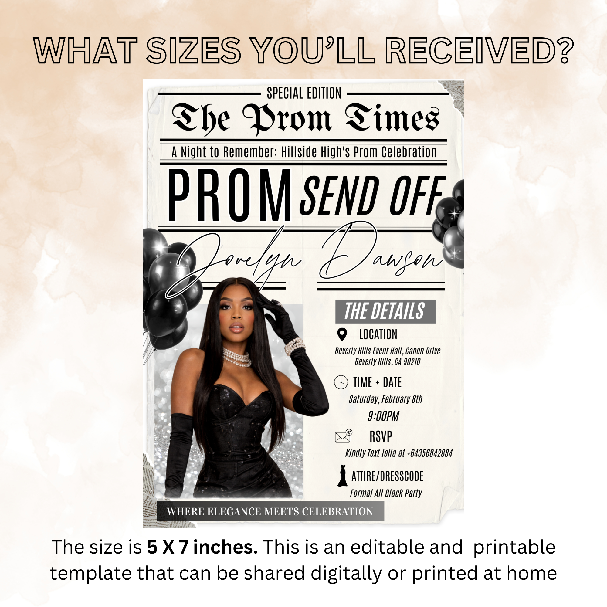 Newspaper Prom Send Off Party Invitation, Black Silver Prom Queen with photo invite, Girl Prom Night Flyer Card, Digital Printable Template