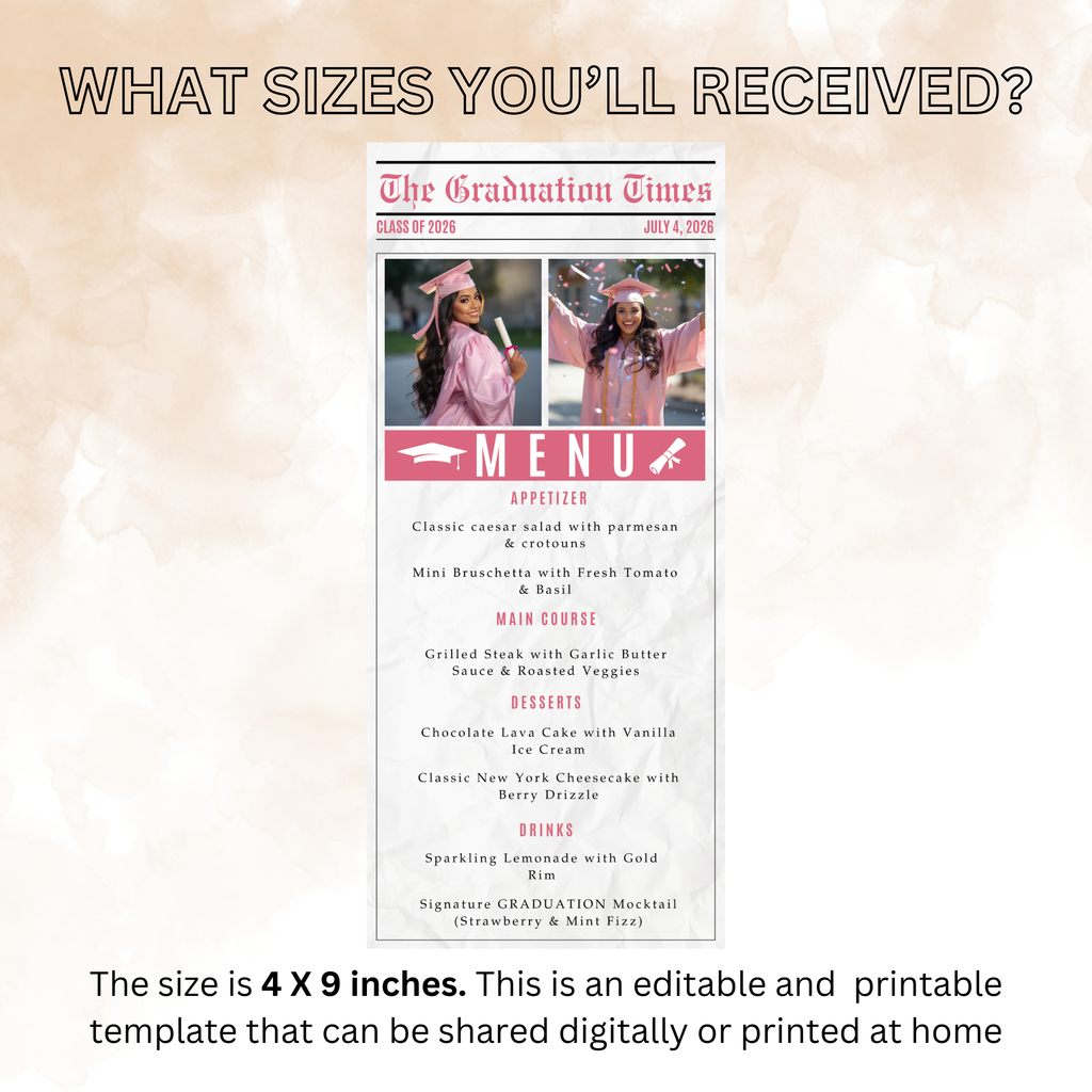 Pink Graduation Newspaper Menu, Senior Grad Dinner Party Menu Template, Class of 2026 Brunch Menu, Nurse Menu Card, Printable Template