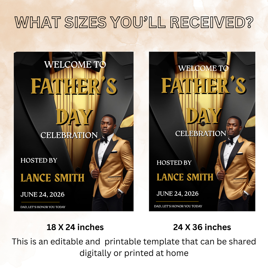 Fathers Day Welcome Sign with Photo, Tuxedo Theme Dad Party Poster Sign, Brunch Dinner Drinks Celebration, Editable Canva Printable Template
