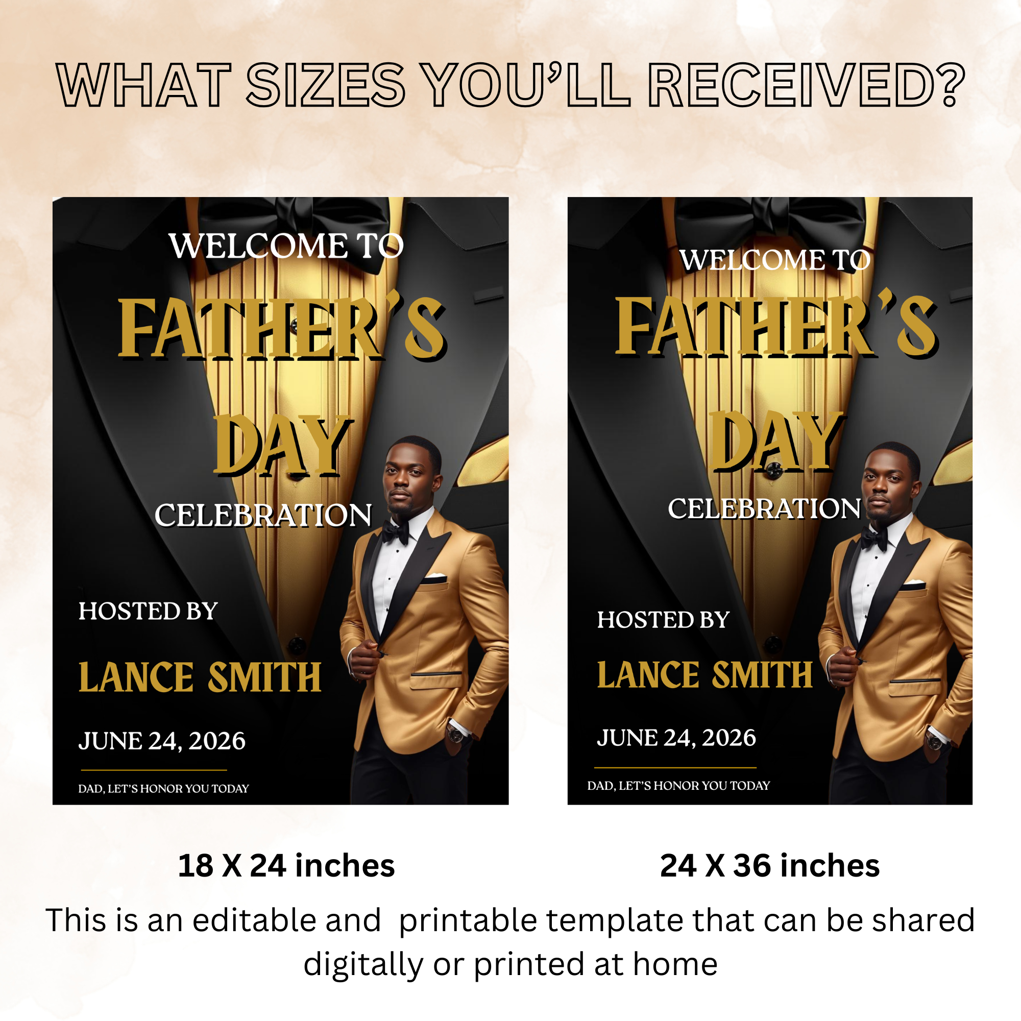 Fathers Day Welcome Sign with Photo, Tuxedo Theme Dad Party Poster Sign, Brunch Dinner Drinks Celebration, Editable Canva Printable Template